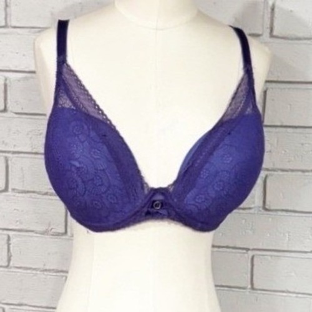 Chantelle Purple Floral Lace Underwire Bra 36DD Mesh Trim French Lingerie